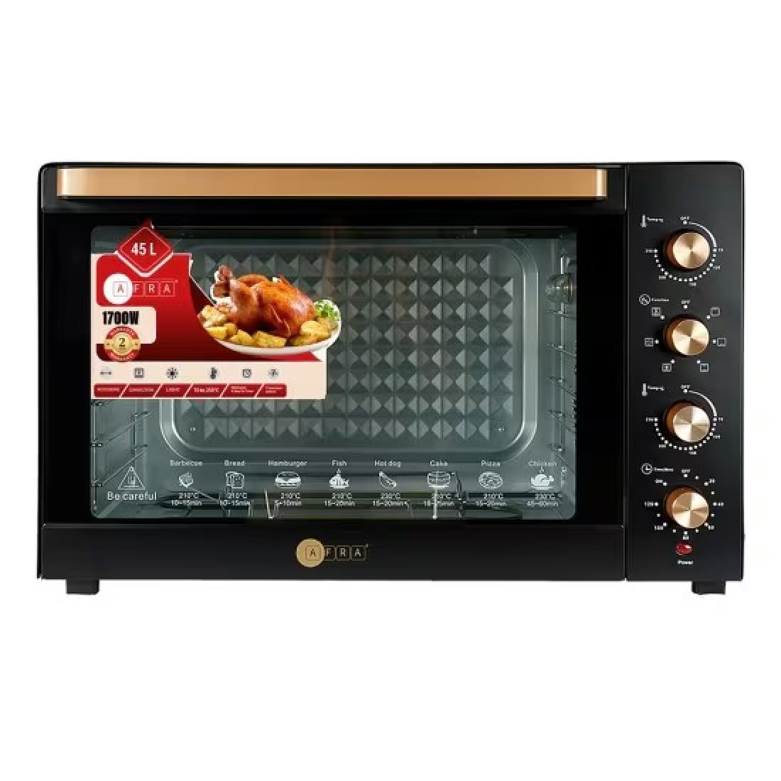 AFRA Electric Oven Toaster, 45L, 2800w Convection Rotisserie &amp; Oven Lamp, 4 Knobs Tray, Rack, Handle, 7-Functions Control, Adjustable Thermostat 70 To 250C, AF-4517OTBK, 2-Year Warranty