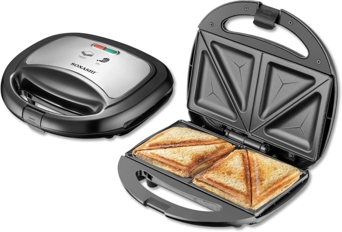 Sonashi 2 Slice Sandwich Maker With Non-Stick Plates, Overheat Protection, Power On/Off And Ready Indicator, Perfect For Breakfast, 750W, SSM-884, Black/Silver