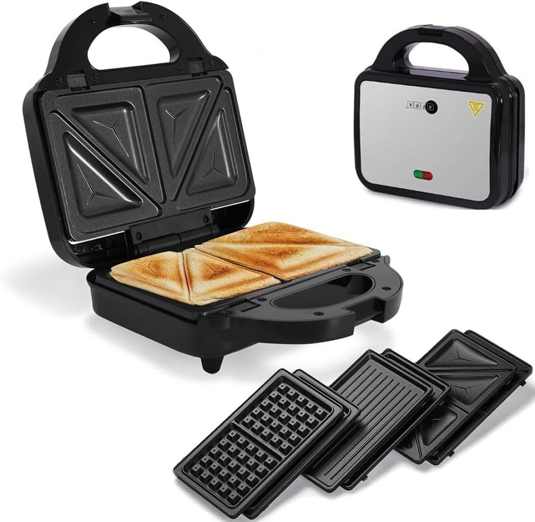 AFRA 3 In 1, 2 Slice Non-Stick Sandwich Maker, 750 Watts With Detachable Plates, Sandwich/Grill &amp; Waffel Plates, AF-8023SMSS, 2 Year Warranty