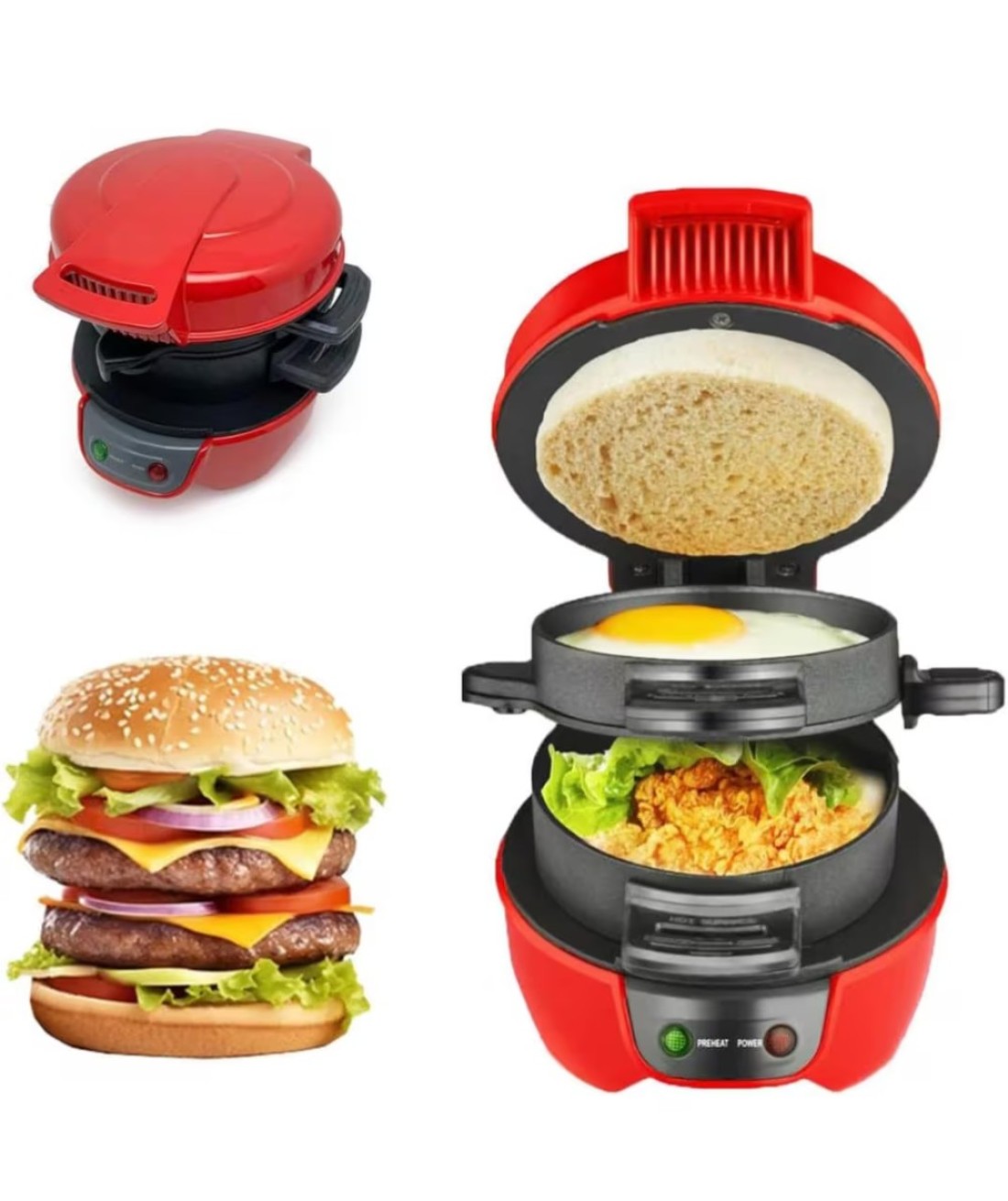Kitchen Desk Sandwich Toaster Burger Maker, Panini Press with Egg Rings and Timer, Efficient Non-Stick Heating Plates, for Hamburgers, Waffles Snacks Burger Sandwich Maker