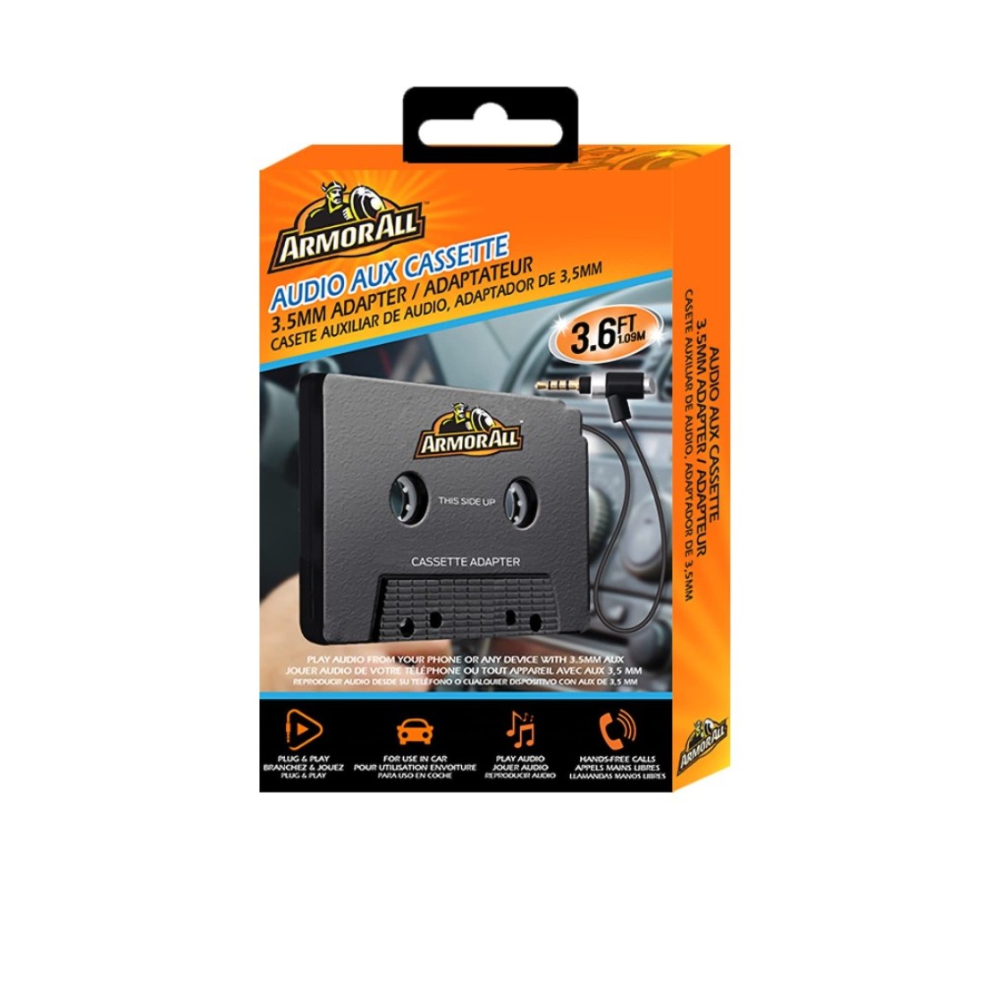 Armor All Audio Aux Cassette 3.5mm Adapter, Connect Smartphones/Tablets/Other Items With The Wire, Plug/Answer Button For Calls/Scrolling Through Music Tracks, etc., Easy-To-Install