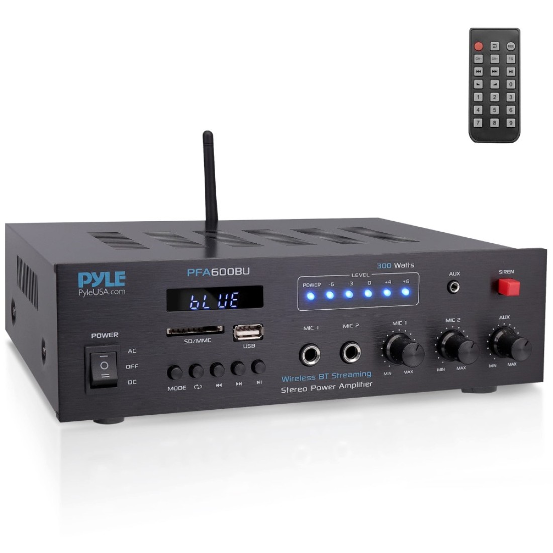 Pyle Wireless Bluetooth Karaoke Amplifier - Home Car Bus Tours 300 Watts 2 Channel Digital Home Audio PA Receiver System 2 Microphone Input Control, FM Radio, USB,12 Volt Power Option - PFA600BU