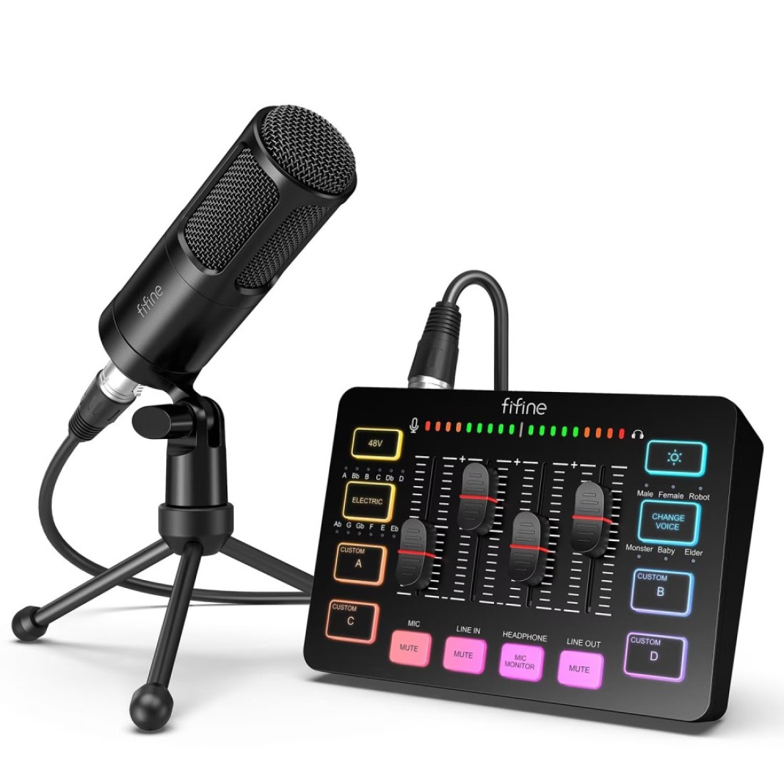 FIFINE Audio Equipment Bundle for Gaming Podcast, Streaming RGB Mixer Set with XLR Dynamic Vocal Microphone, Voice Recording Kit Set with Volume Fader, Individual Control, Mute, Monitoring-KS3