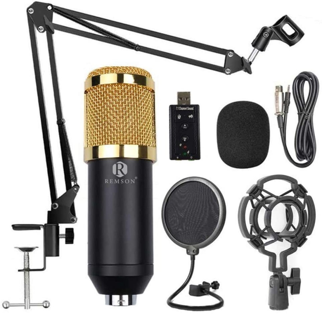 Remson Microphone Condenser Studio Set, Microphone Condenser Kit With Adjustable Microphone Suspension Scissor Arm, Shock Mount And Double-Layer Pop Filter (Gold Black)