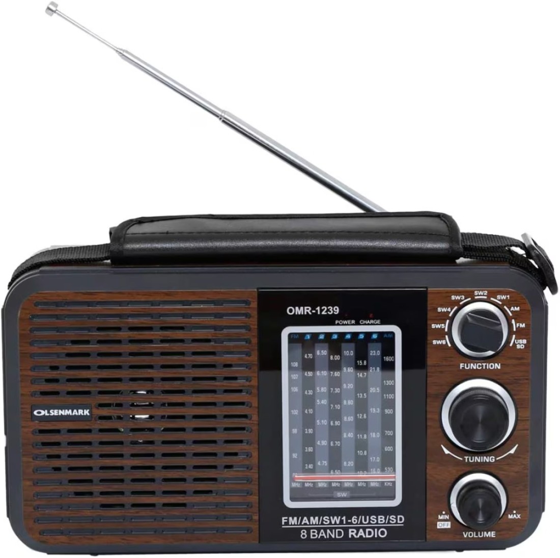 Olsenmark FM/AM/SW Radio and USB/SD/BT Music Player- OMR1239 Good Sound Quality and Low Noise Equipped with Built-In Rechargeable Battery Portable and Lightweight Design Brown, 2 Years W