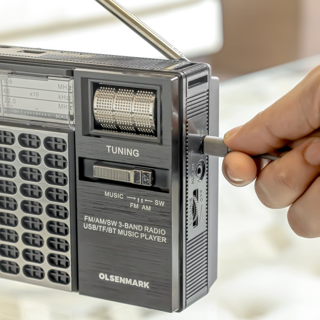 Olsenmark Portable Radio with 3 Band - Rechargeable Battery, Bluetooth USB, TF, &amp; MP3, Comfortable Handle, Karaoke Function - Recorder - Microphone Retro Style Radio, 2 Years Warranty