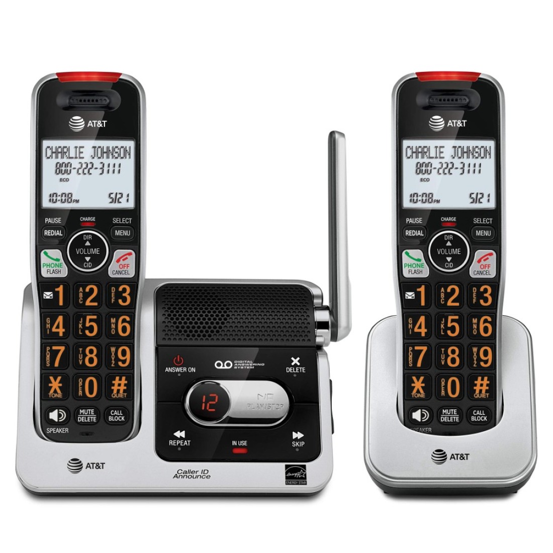 AT&amp;T BL102-2 DECT 6.0 2-Handset Cordless Phone for Home with Answering Machine, Call Blocking, Caller ID Announcer, Audio Assist, Intercom, and Unsurpassed Range, Silver/Black