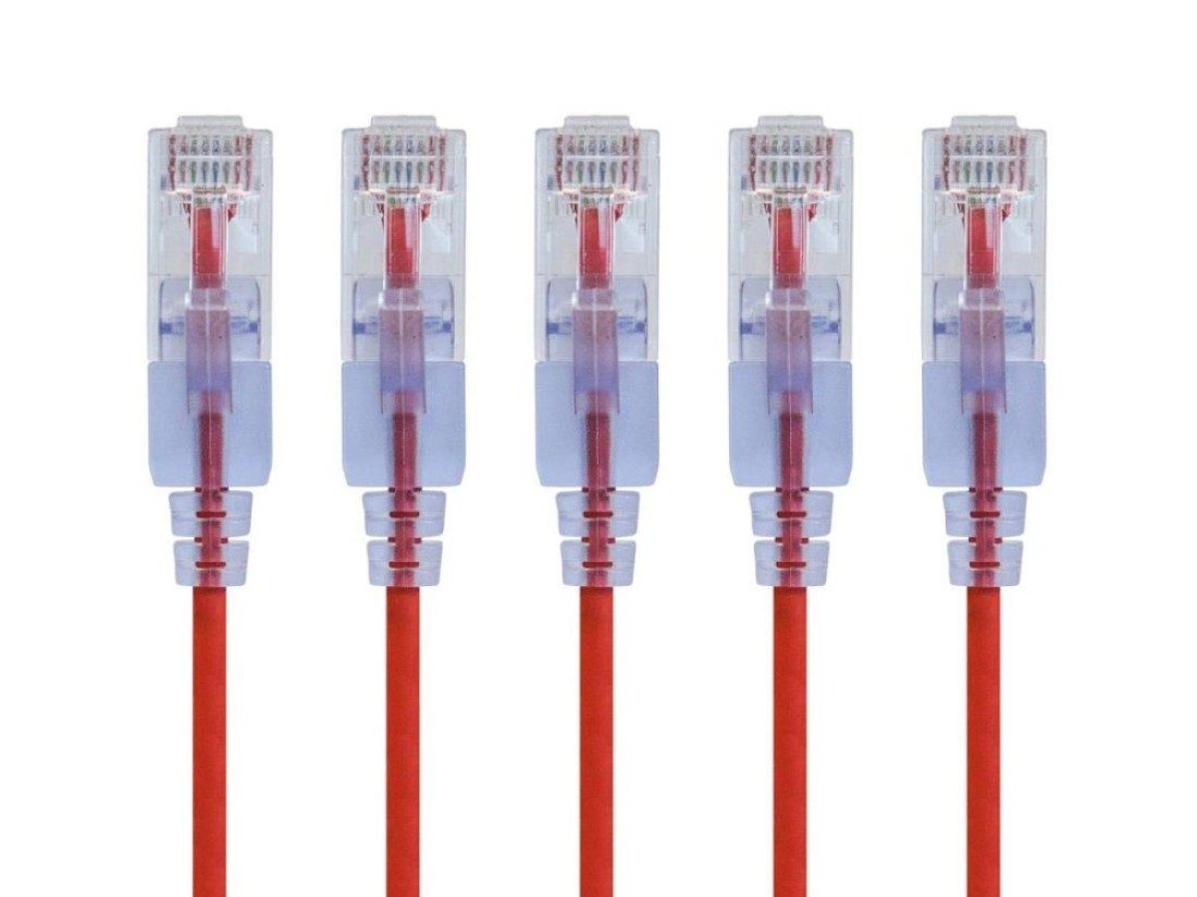 Monoprice SlimRun Cat6A Ethernet Patch Cable Network Internet Cord RJ45 Stranded UTP Pure Bare Copper Wire 30AWG 2 Feet Red 5Pack