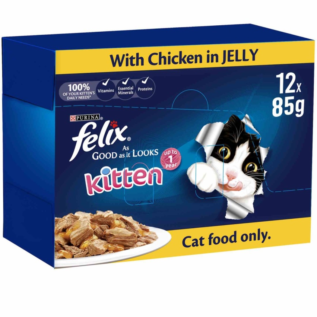 Purina Felix As Good As It Looks with Chicken in Jelly Kitten Wet Food, Upto 1 Year, 85g Pack of 12