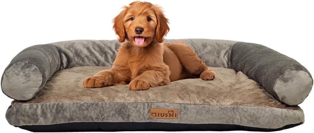Orthopedic dog bed sofa with U-shaped bolster, Machine washable cover and nonskid bottom, Suitable for medium sized pets, Soft and comfortable dog bed 65 cm L (Khaki)