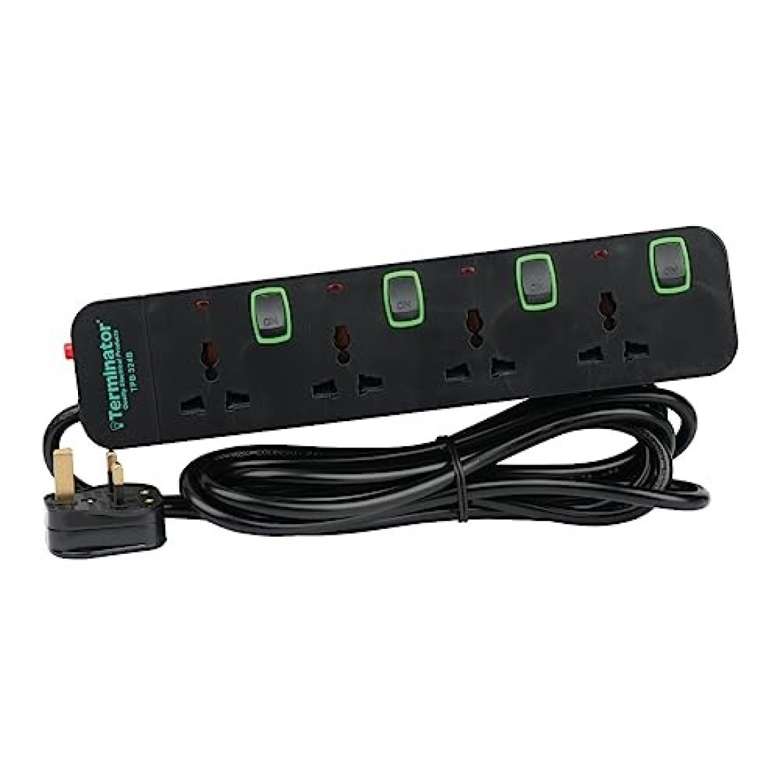 Terminator 4 Way Universal Power Extension Socket With Overload Protection, Green Border Switches, Indicators and 3M Cable (TPB 324B-3M)