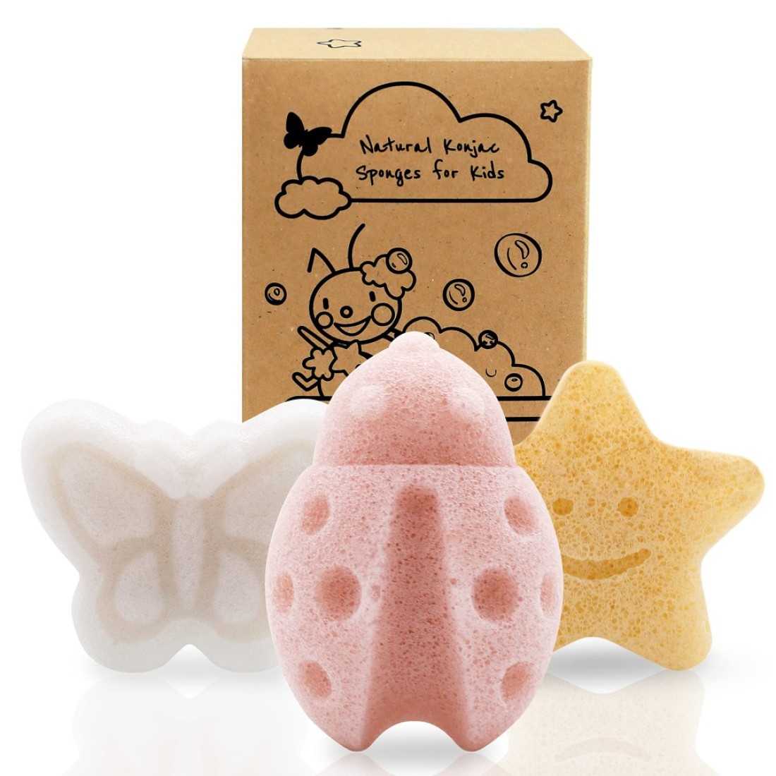 myHomeBody Konjac Baby Sponge for Bathing Cute Shapes Natural Kids Bath Sponges for Infants Toddler Bath Time Natural and Safe PlantBased Toys 3pc Set Butterfly Ladybug Star