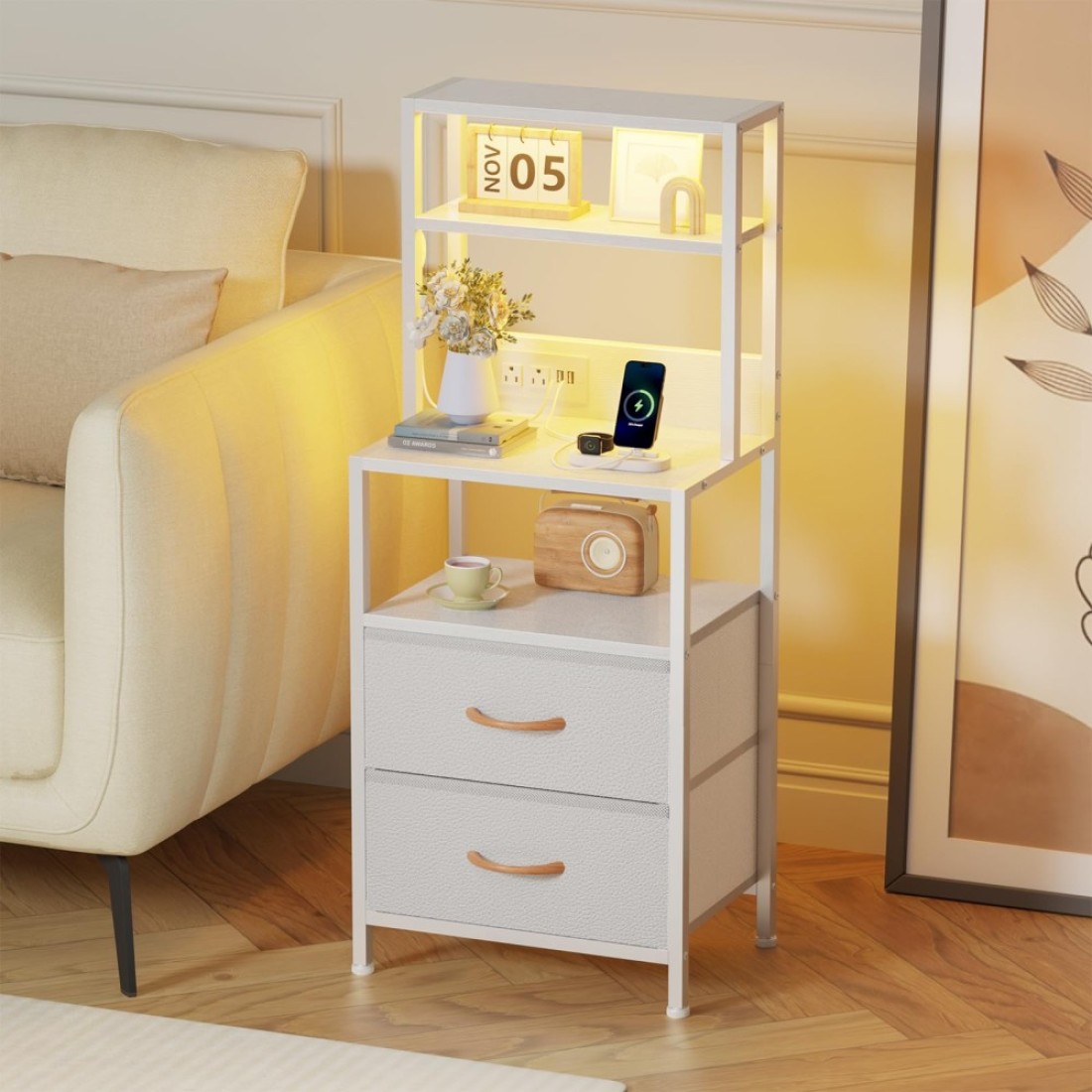 Furnulem Night Stand, Tall Nightstand with 4-Tier Shelves, 2 PU Fabric Drawers and Light Tube, Bed Side Tables with Charging Station, Bedside Table for Bedroom, White