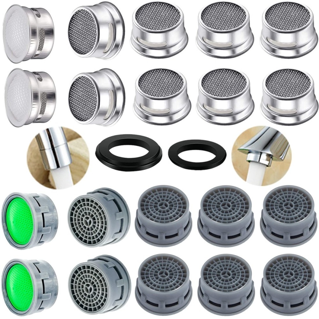 20 Sets of Faucet Aerators with Gaskets 2.2 GPM Plug-in Restrictor Replacement Parts for Bathroom or Kitchen Plug-in Aerators (stainless Steel and Green)