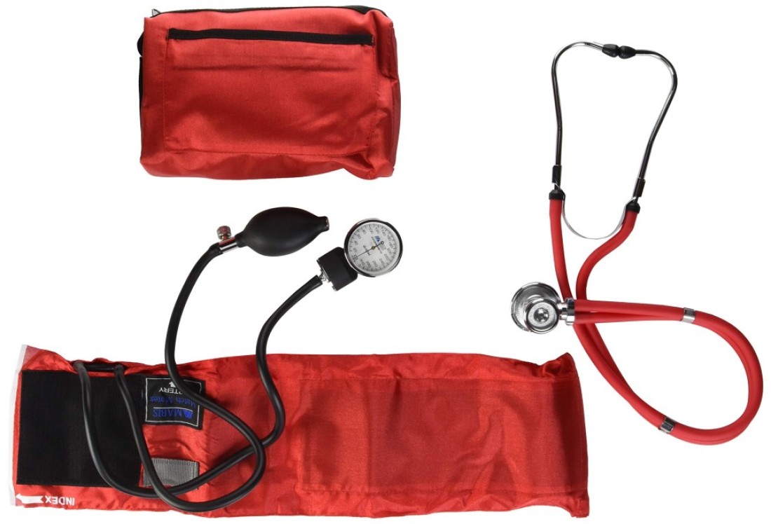 MABIS MatchMates Aneroid Sphygmomanometer and 31&quot; Sprague Rappaport Stethoscope Combination Manual Blood Pressure Kit with Calibrated Nylon Cuff and Oversized Carrying Case, Adult Red