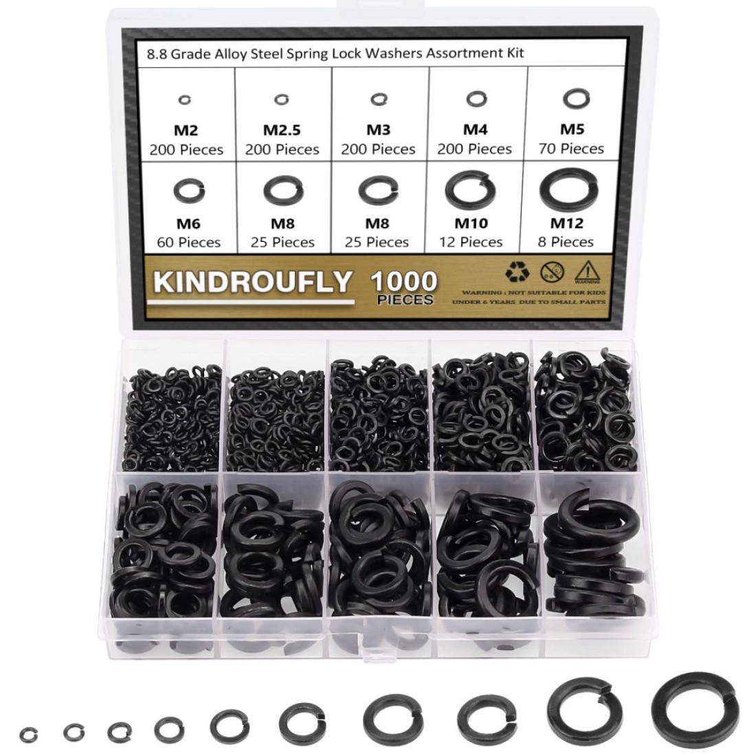 Kindroufly 1000 Pieces 88 Grade Alloy Steel Lock Washers Split Lock Washers 9 Sizes Spring Lock Washers Lock Metal Washers Assortment Kit M2 M25 M3 M4 M5 M6 M8 M10 M12