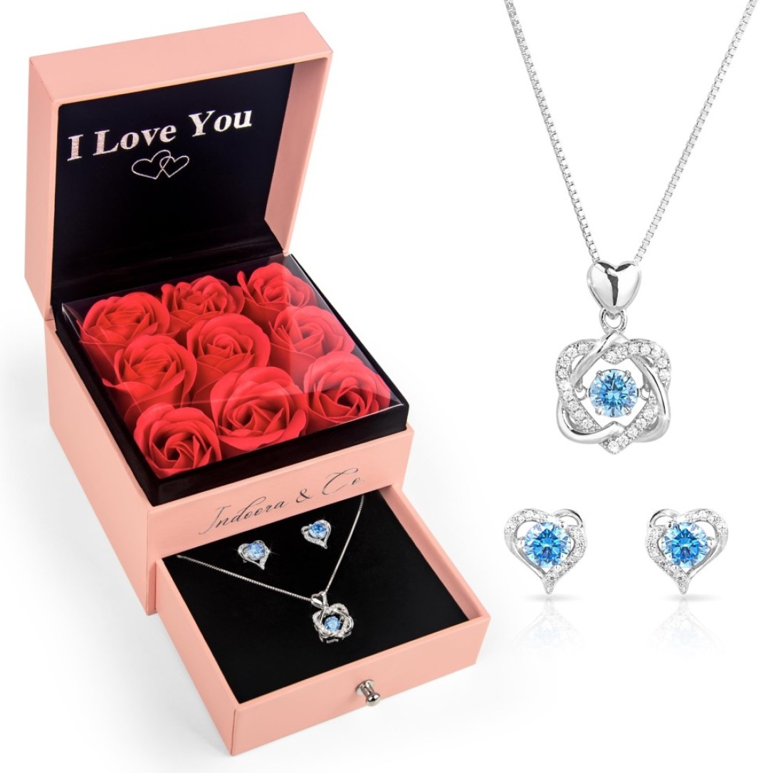 925 Sterling Silver Necklace for Women (HYPOALLERGENIC) Gifts for Women Jewelry Set Silver with Box Rose Mother Daughter Matching Preserved Rose with Necklace Diamond Heart Earrings, Sterling