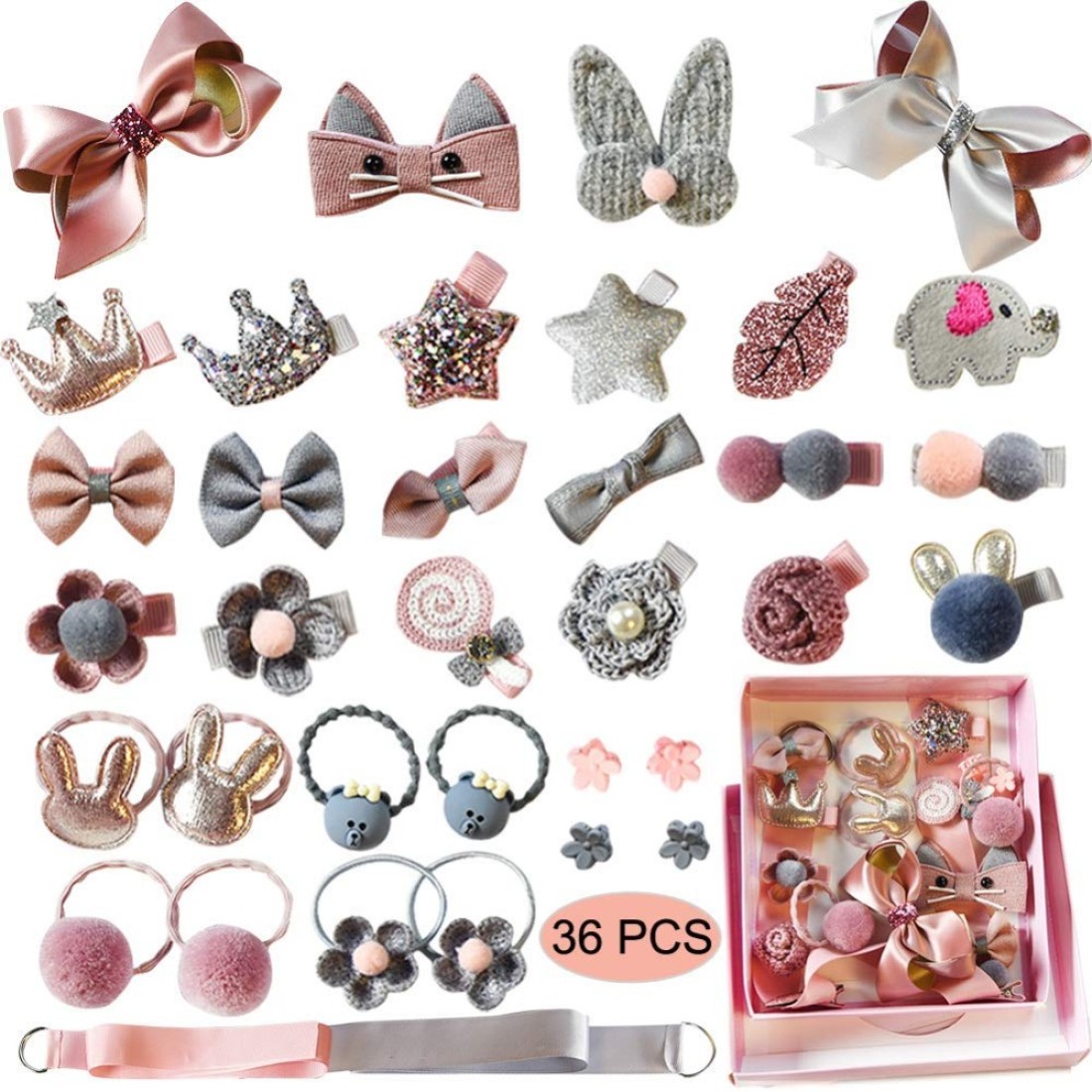 Scettar Baby Girls Hair Clips Cute Hair Bows Baby Elastic Hair Ties Hair Accessories Ponytail Holder Hairpins Set For Baby Girls Teens Toddlers Assorted styles 36 pieces PackPinkGrey