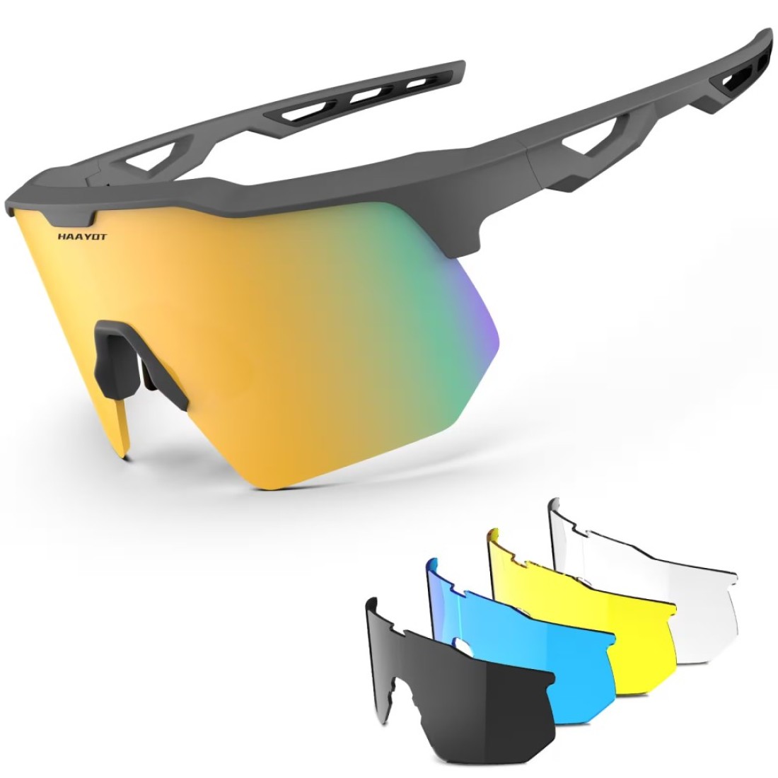 HAAYOT Polarized Cycling Glasses,Sports Sunglasses for Men Women,Baseball Biking Running Sunglasses 5 Lenses Gray Gold