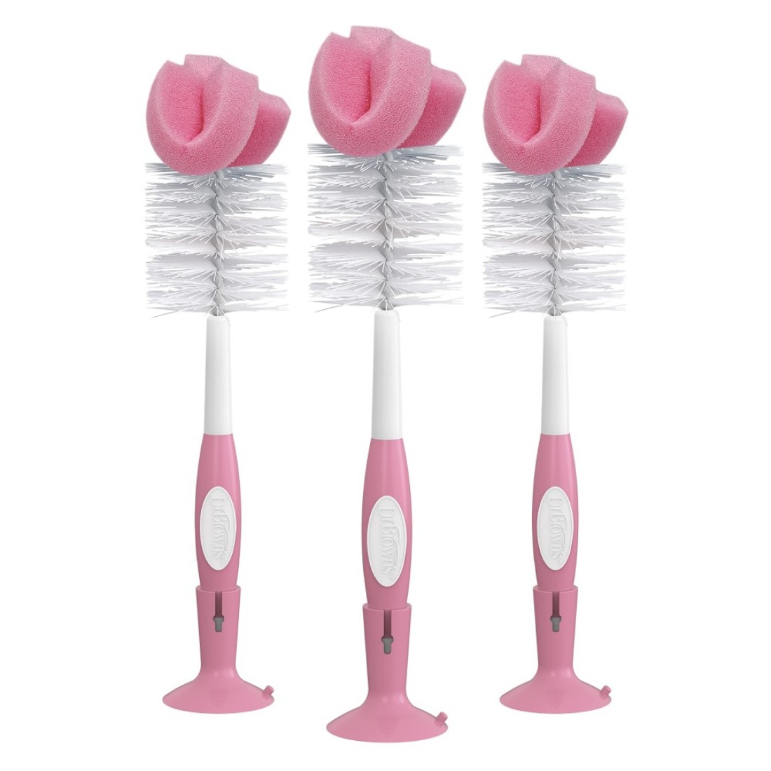 Dr Browns Reusable Sponge Baby Bottle Cleaning Brush Set with Suction Cup Stand Scrubber and Cleaner Pink 3 Pack