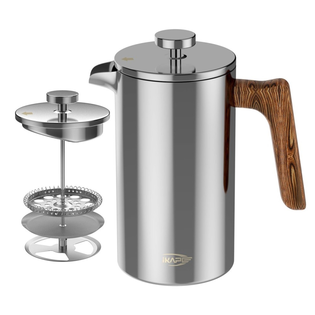 IKAPE French Press Coffee Maker, 34 OZ 304 Stainless Steel Espresso Coffee &amp; Tea Maker with 4 Level Filtration System(Silver)