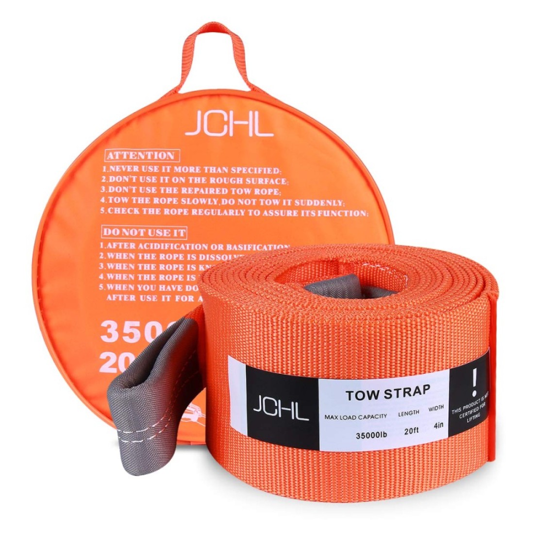 JCHL Recovery Tow Strap Heavy Duty Draw String 4 x20ft 35000LBS 18TON Rated Capacity Off Road Towing Rope Reinforced Loops Storage Bag Emergency Tow
