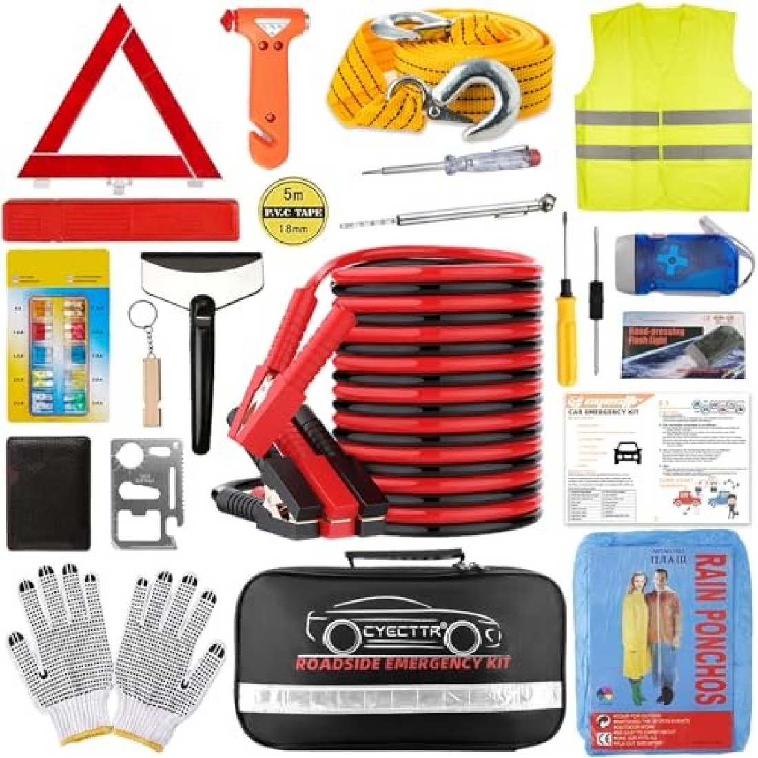 CYECTTR LRMI Emergency Car Kit Roadside Car Emergency Kit First Aid Kit LED Flash LightJumper Cables Tow Strap Safety Vest More Ideal Winter Survival Pack Accessory for Your Car Truck Or SUV