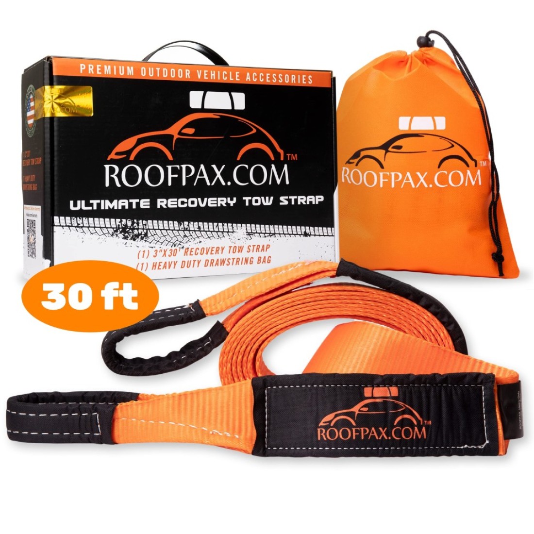RoofPax Tow Strap 3 x 30 ft Off Road Recovery Rope 30180 lb Break Strength Capacity Heavy Duty Winch Strap with Triple Reinforced End Loops Essential Recovery Kit for Getting OffRoad