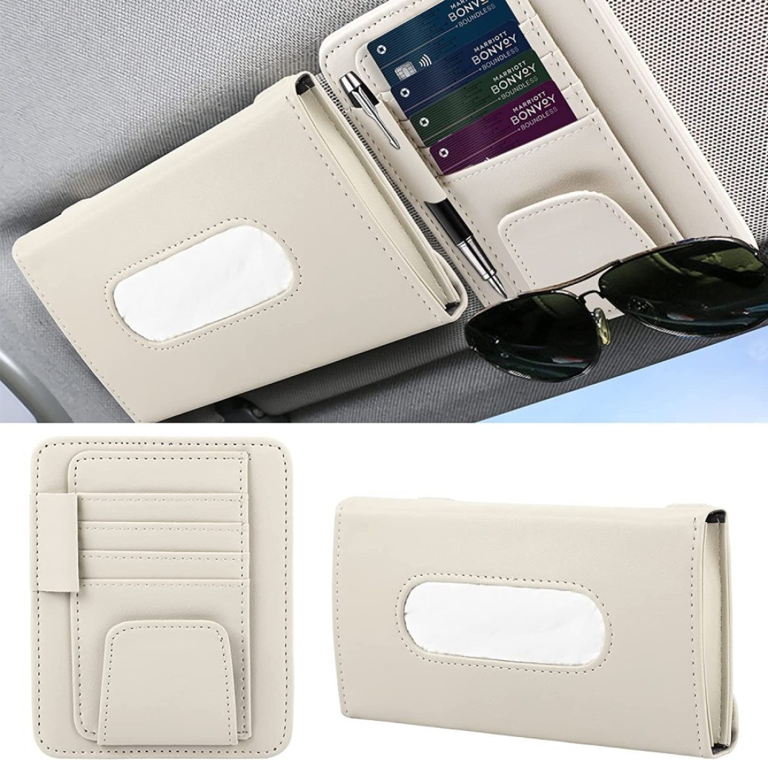 Car Tissue Holder Organizer with Accessories Glasses Holder Card Registration Holder Hanging Sun Visor (Beige)

