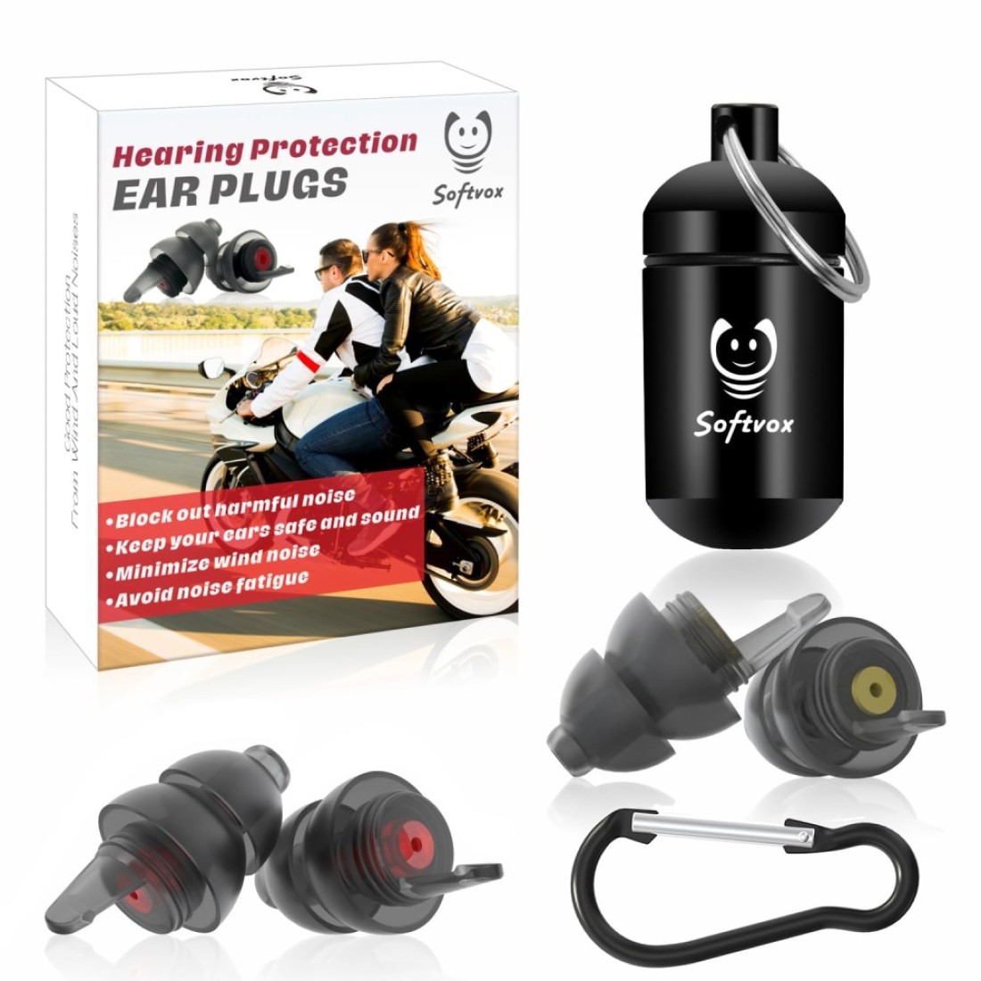 Softvox Motorcycle Ear Plugs 2 Pairs Wind Noise Reduction Premium Hearing Protection 100X Reusable Earplugs for Motor Motorbike Motorsports Parachuting Touring Racing Riding Shooting Black