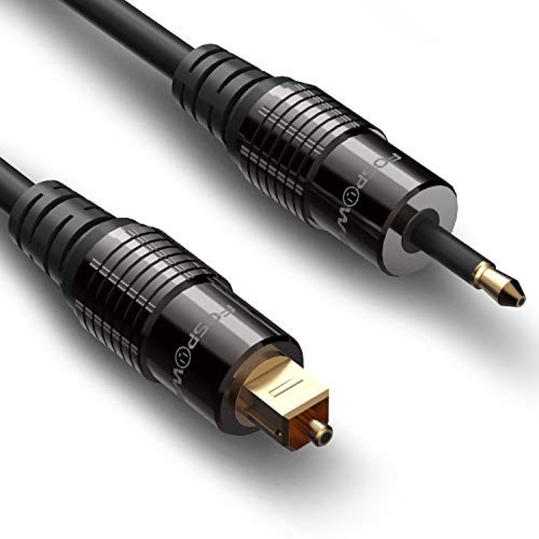 FosPower 24K Gold Plated Toslink to Mini Toslink Digital Optical S/PDIF Audio Cable with Metal Connectors &amp; Strain-Relief PVC Jacket - 6ft