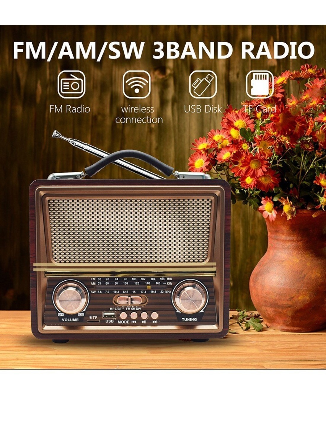 راديو محمول FM AM SW ريترو مطبخ ستيريو مزود طاقة متعدد صوت وظيفي قوي راديو بلوتوث يدعم بطاقة TF تشغيل مكبر صوت قرص USB للأماكن الخارجية والداخلية