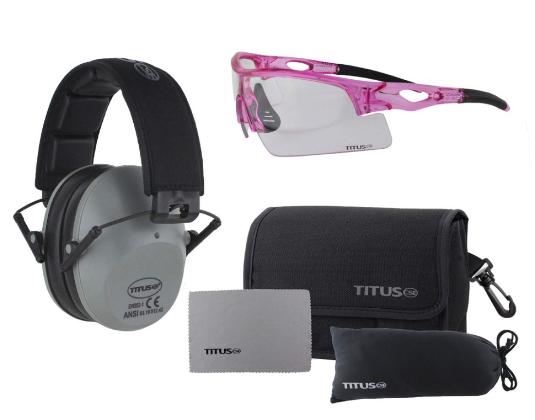 TITUS Slim-line Earmuffs and Safety Glasses Combo Pack (Grey, Pink Frame w/Clear Lens)
