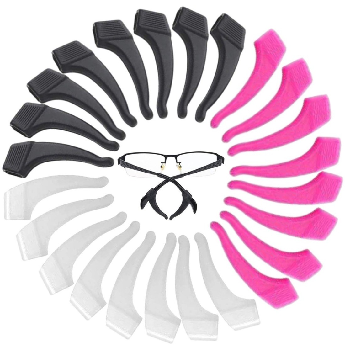 MOLDERP Glasses Ear Grip - 15 pairs Kids and Adults Sport Eyeglass Strap Holder, Eyewear Retainer, Silicone Anti Slip Holder For Glasses, Eyeglass Temple Tip (Clear,Black,Roes)