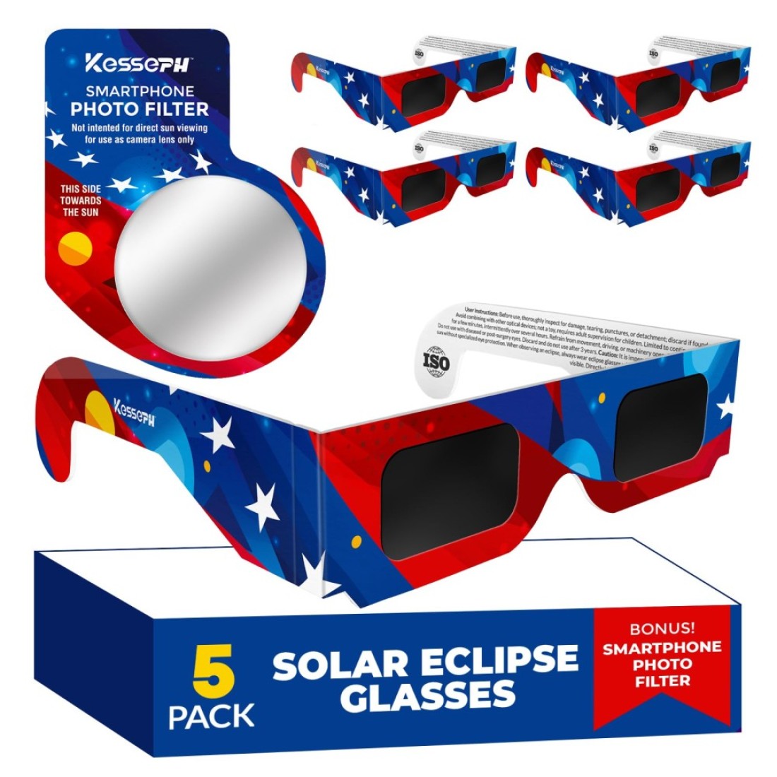 Solar Eclipse Glasses Approved 2024, (5 Pack) CE And ISO Certified Solar Eclipse Observation Glasses, Safe Shades For Direct Sun Viewing, Bonus Smartphone Photo Filter Lens, American Flag Design