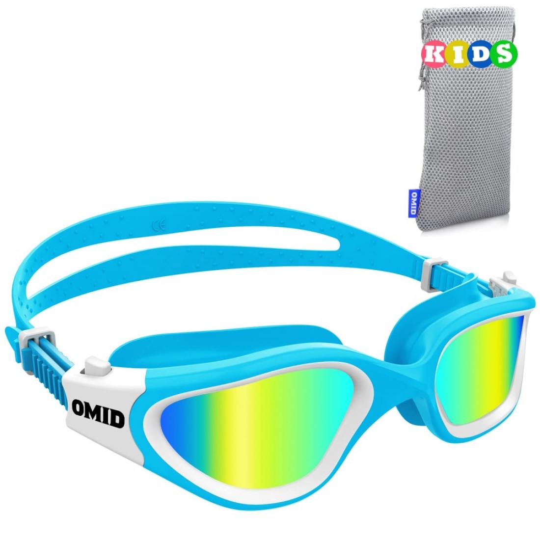 OMID Kids Swim Goggles, P2mini Polarized Swimming Goggles Comfortable for Age 6-14 (A1-Mirrored Gold Lens Blue Frame)
