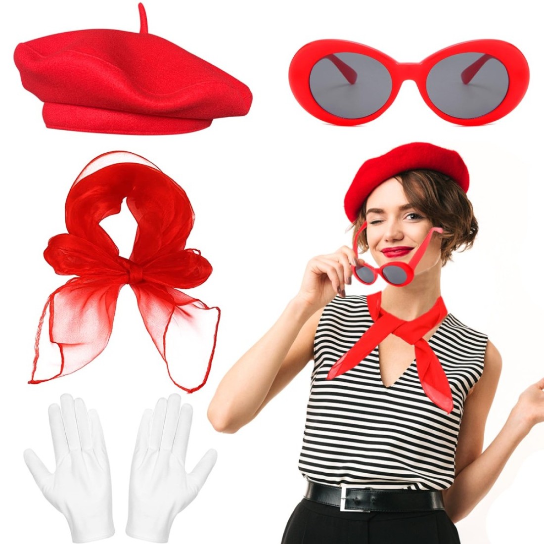 French Women set, Women Fancy Dress Costume Accessories Set French Artist Mime Kit with Red Beret Scarf Sunglasses Gloves for Cosplay Party Supplies Dress Up