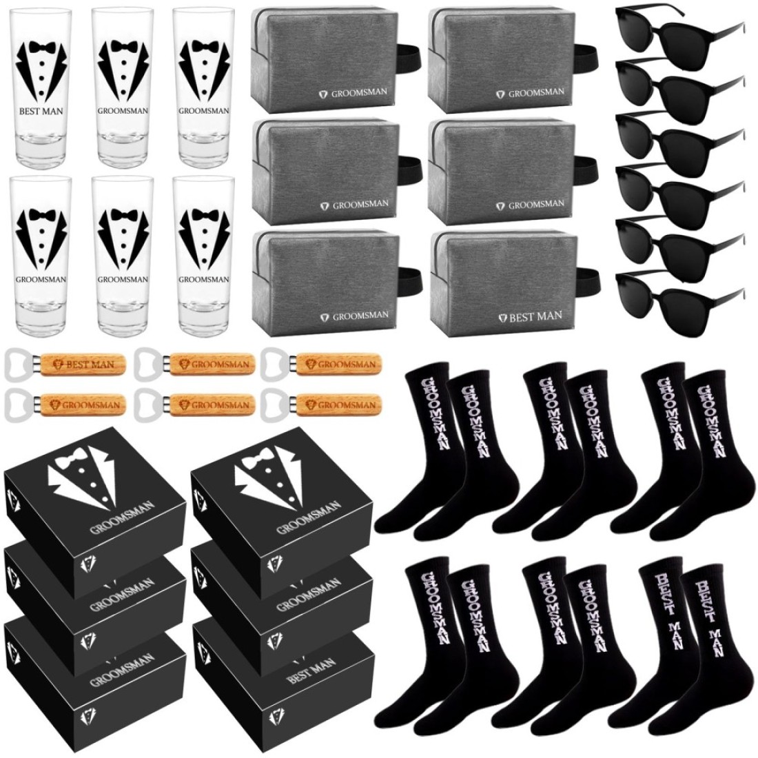 Mhoel 36Pcs Groomsmens Gifts Set of 6,Best Man Groomsmen Proposal Box Gifts,2oz Shot Glasses,Oxford Bags,Black Sunglasses,Bottle Openers,Socks,Proposal Boxes,Wedding Bachelor Party for Groomsmens
