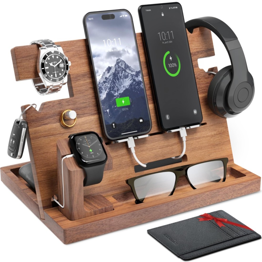 ETERLUCK Wooden Docking Station Men Nightstand Organizer Bundle wRFID Blocking Leather Wallet Charging Station Cell Phone Stand Tablet Stand Husband Gifts from Wife for Dad Walnut
