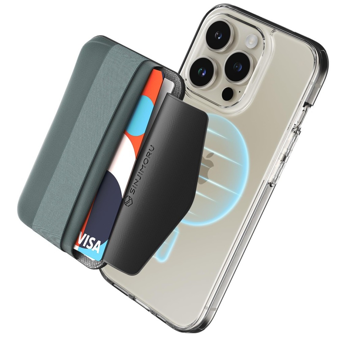 Sinjimoru Magnetic Wallet for iPhone Magnetic Card Holder with Flap AntiSlip for Cards for MagSafe Wallet with Grip Compatible with iPhone 15141312 Series MBand Blue Grey
