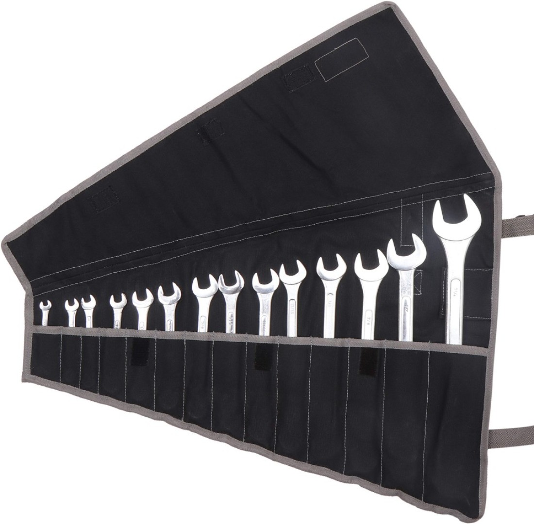 BULL TOOLS 14 Pocket One Touch Closer Flap Closure Hand Crafted H.W. Hand Dyed 100% Cotton Duck Canvas Metric/SAE Wrench &amp; Tool Bag Organizer Roll Up Bag Dyed - Coal Black - (Tools are not Included)