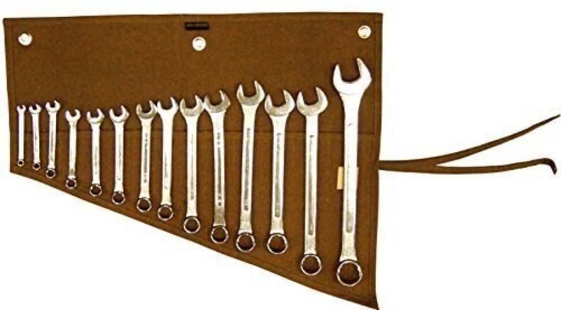 Asian Treasures/Bull Tools 14 Pocket Hand Crafted H.W.100% Dyed Cotton 15 Oz. Duck Canvas Garage Ready Metric or SAE Wrench and Tools Bag Organizer Roll Up Pouch Dyed Cinnamon Brown