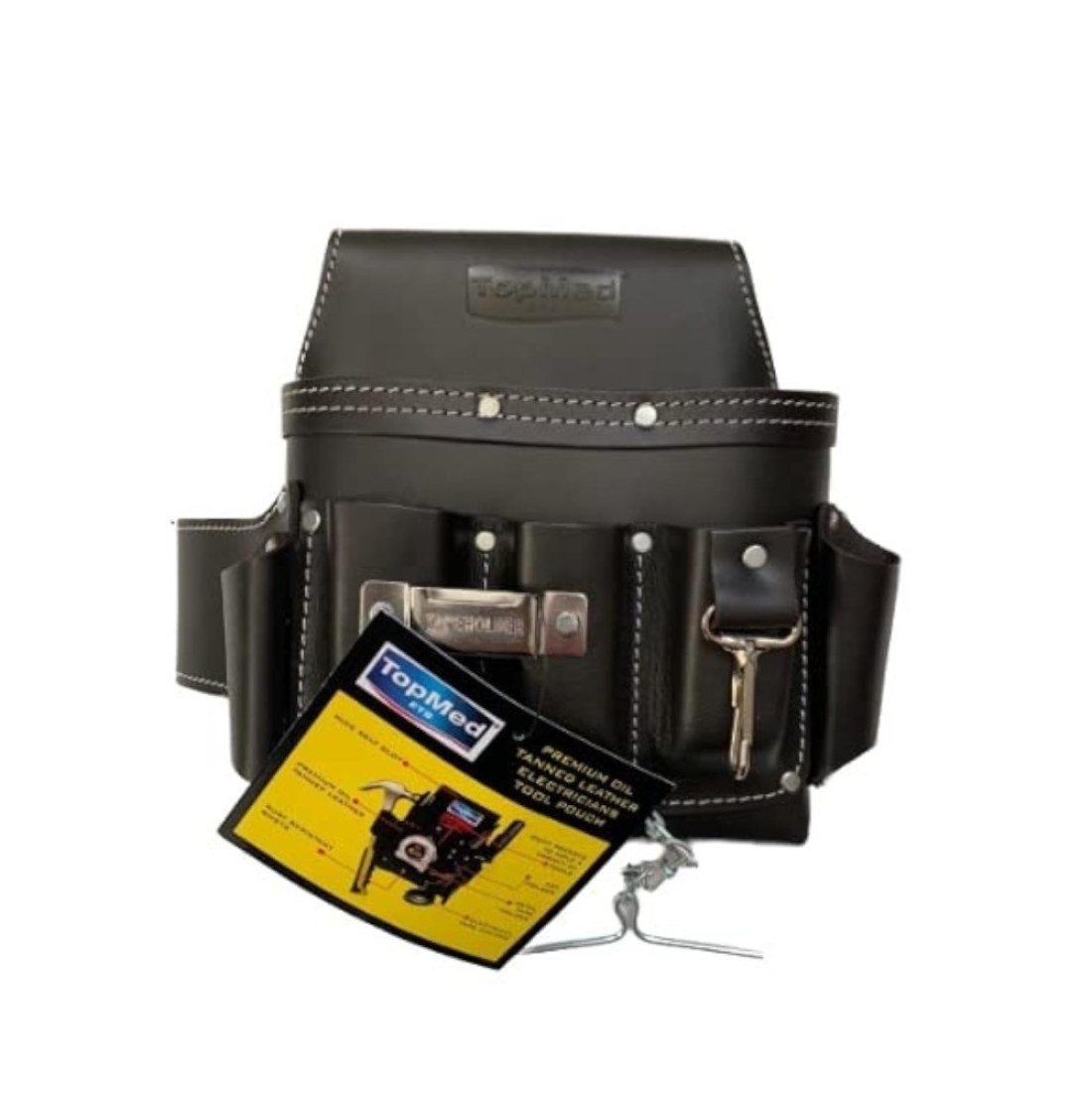 TOPMED ETS Premium Versatile Tool Bag, Heavy Duty Leather Bag with Multiple Pockets for Electricians, Barbers, Plumber Construction &amp; Factory Workers. Reinforced Seam, Oil Tanned Leather