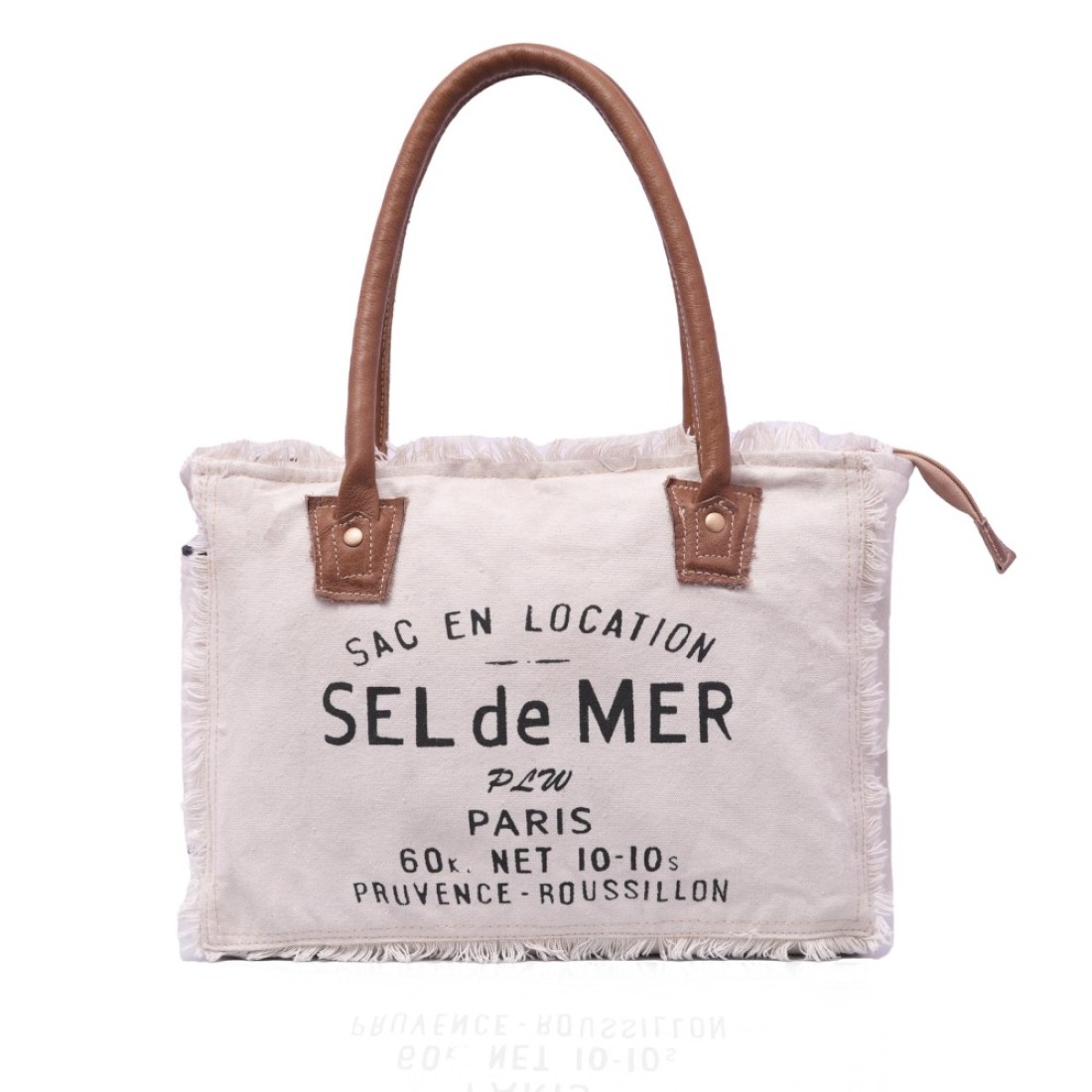 Sel De Mer Upcycled Canvas &amp; Cowhide Leather Tote Bag Upcycled Canvas Hand Bag Canvas Handbag Bag for Women (White)