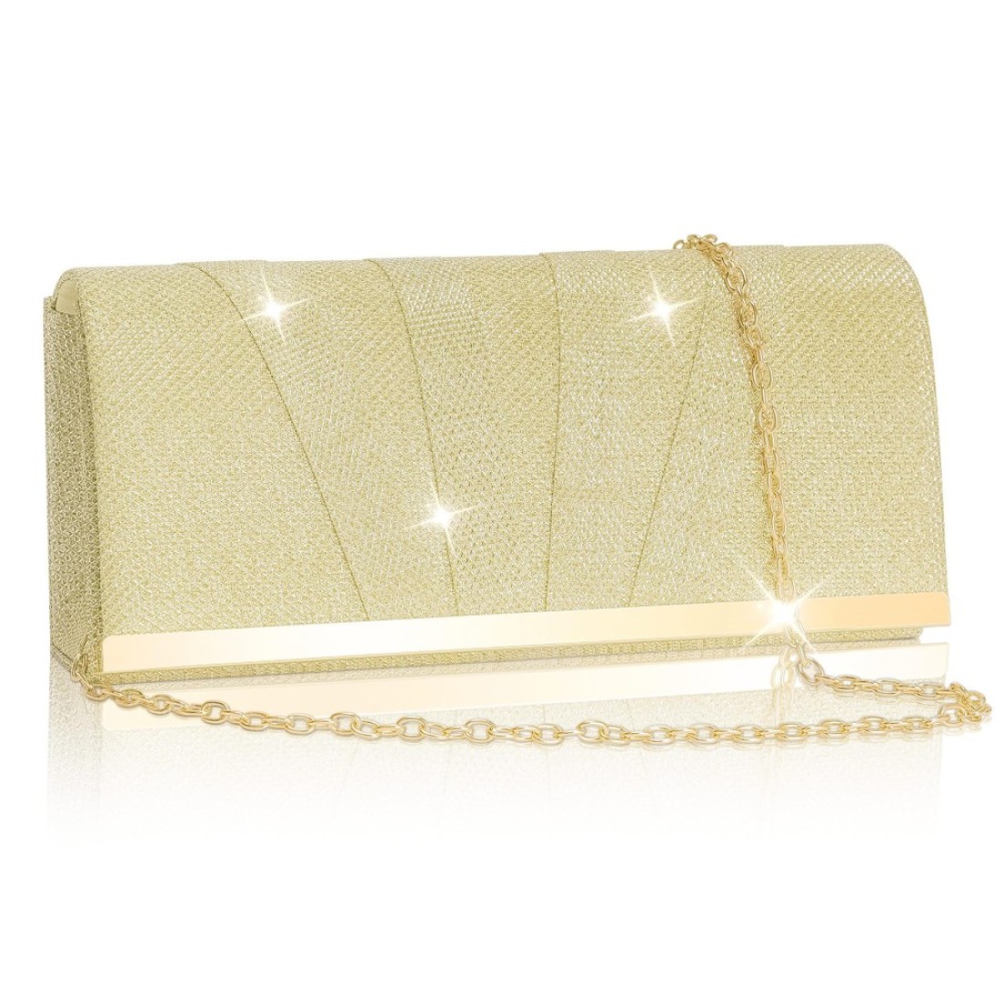 Larcenciel Gold Clutch Purse for Women Trendy, Glitter Pleated Evening Bags w/Chain, Formal Ladies Handbags Sequin Shoulder Crossbody Wallets for Cocktail Date Night Dress Party Club Party,9&times;4.7&times;2in
