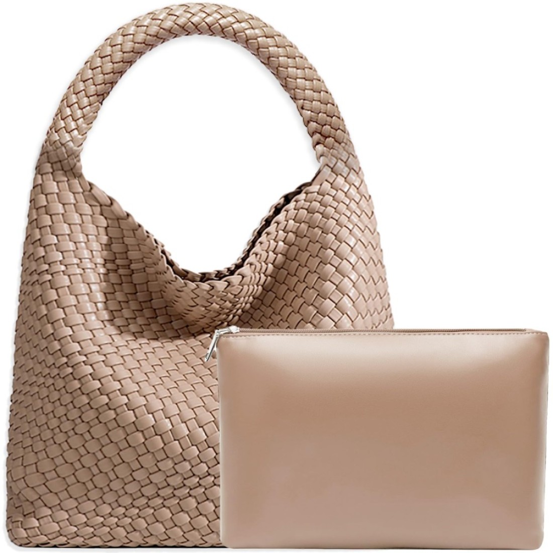Women Vegan Leather Hand-Woven Tote Handbag Fashion Shoulder Top-handle Bag All-Match Underarm Bag with Purse (Apricot)