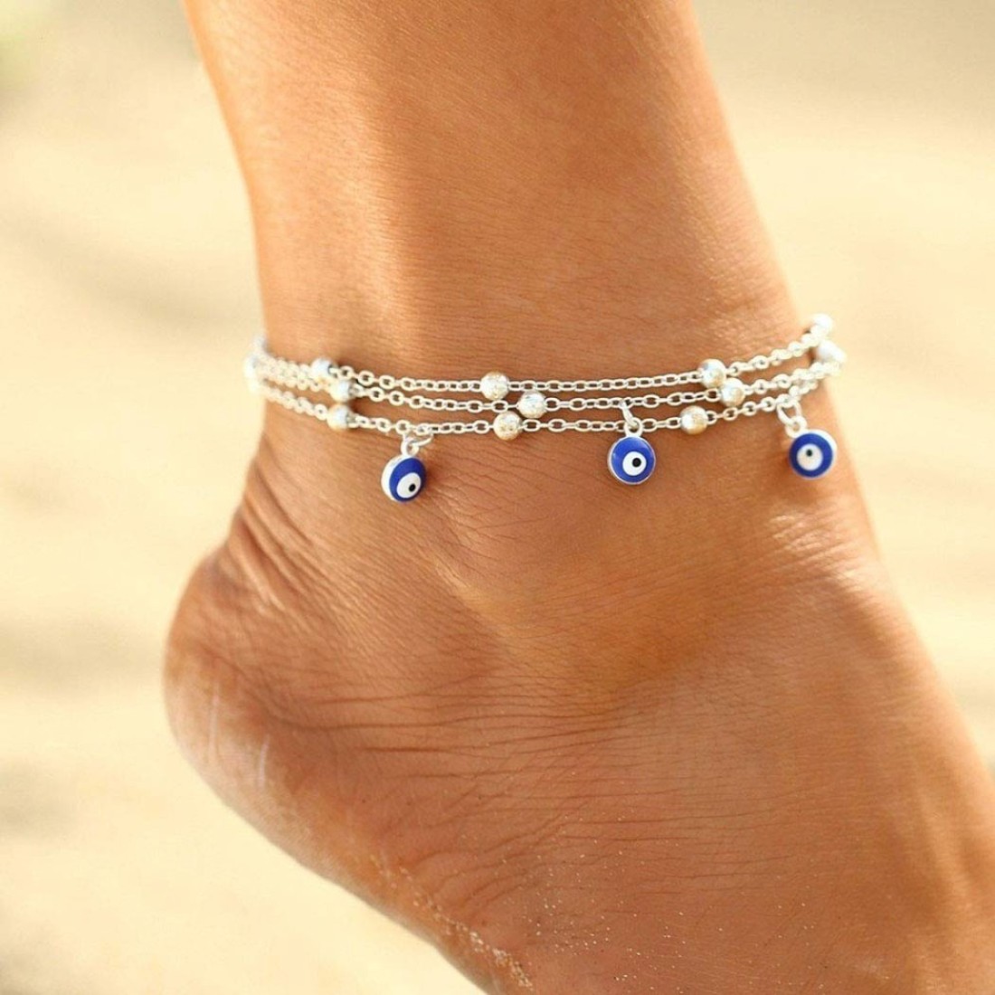 Shegirl Evil Eye Ankle Bracelet Fashion Bead Layered Anklet Silver Beach Foot Jewelry for Women