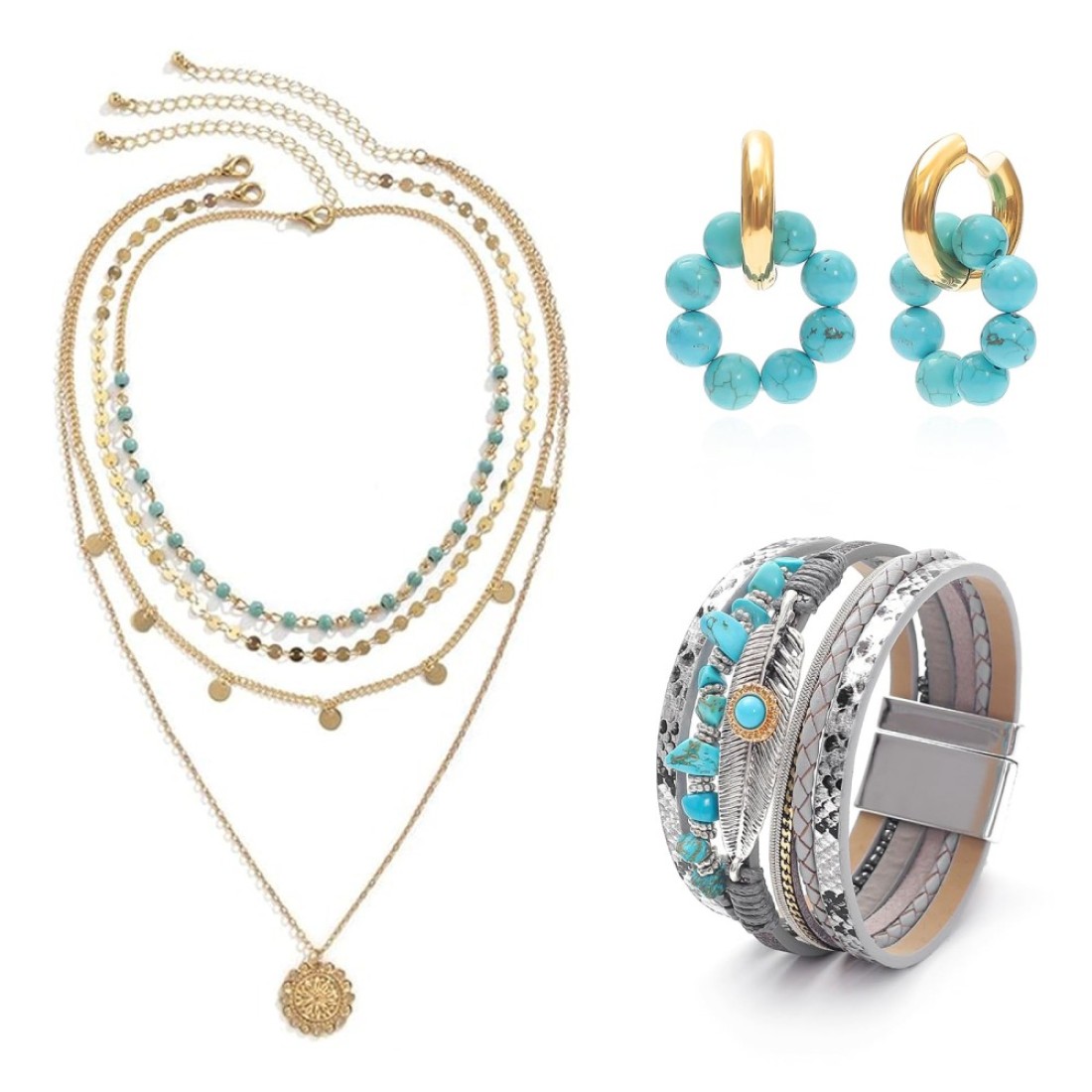 MTJAHPS 3 Pcs Western Jewelry for Women Bohemian Set, Gold Layered Necklace for Women, Faux Leather Layered Bracelet, Turquoise Beaded Huggie Hoop Earrings