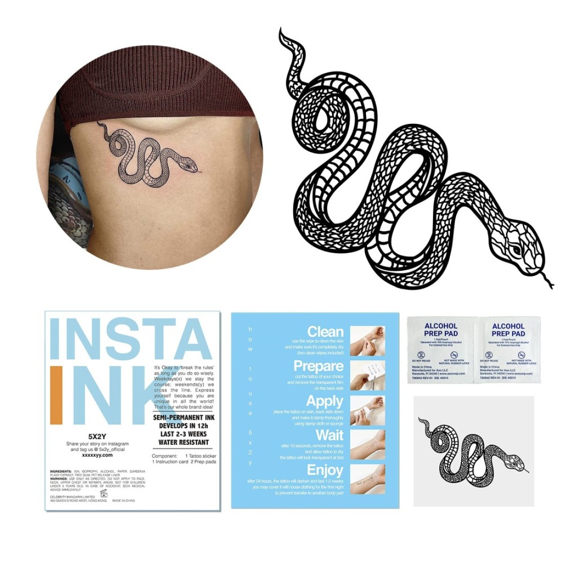 5X2Y Tattoo Tech, Long Lasting Temporary Tattoos, Last 1-2 Weeks, Waterproof, Semi Permanent Tattoo, Realistic look, No Adhesive, No reflection (Snake)