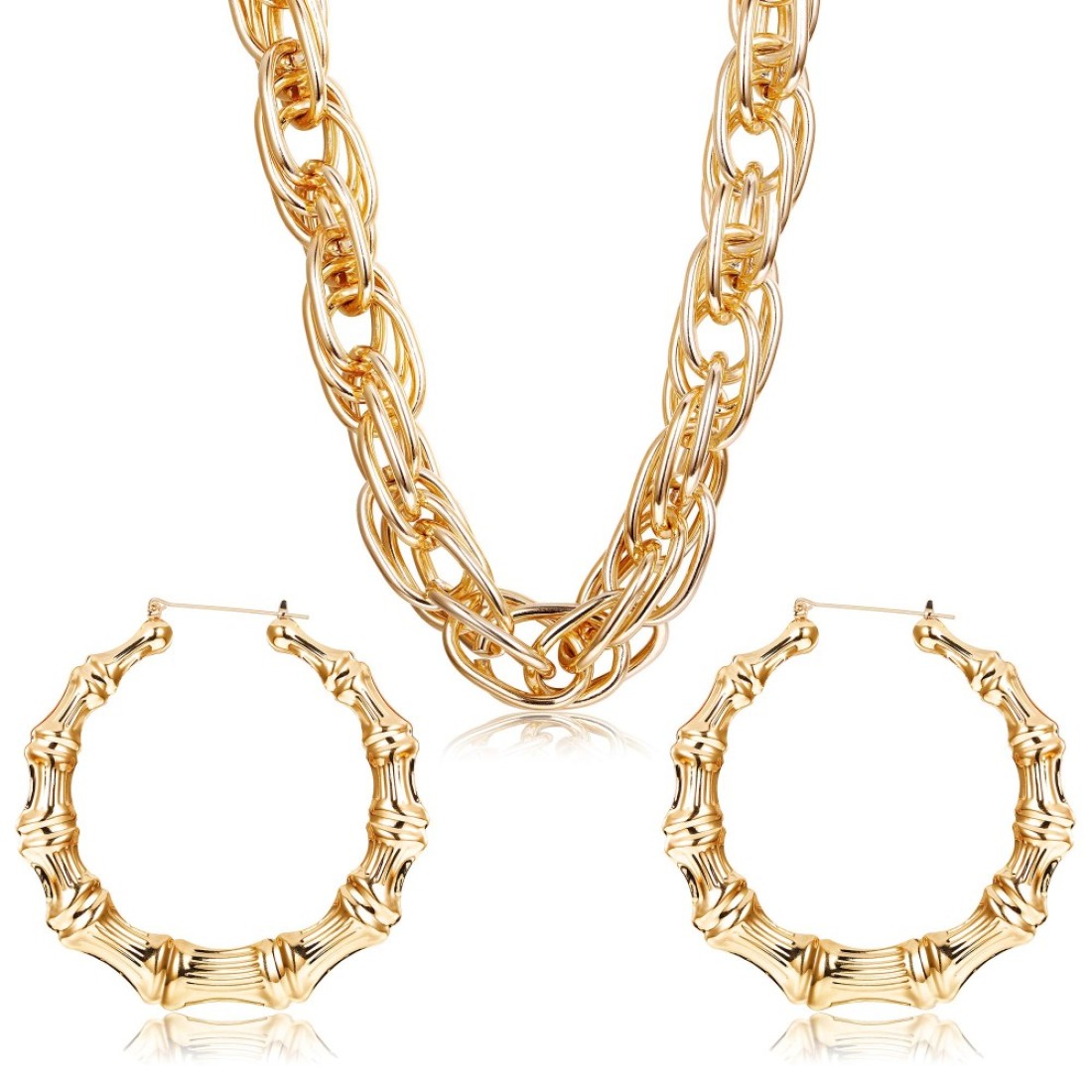 HANPABUM Gold Plated Chunky Rope Chain Necklace and Large Hollow Casting Triangle Bamboo Hoop Earrings Set for Men Women Punk Hip Hop Rapper Style Gold Tone Costume Jewelry